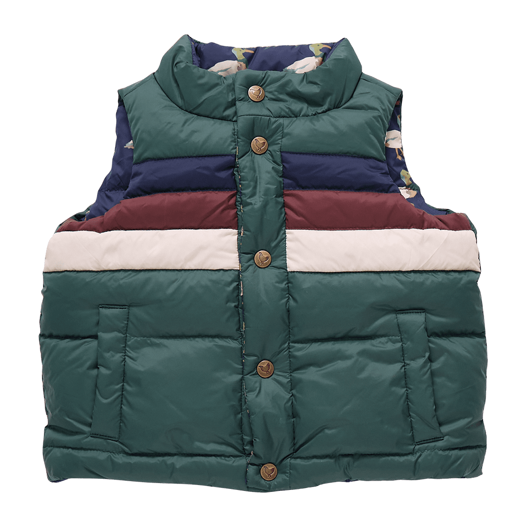 Kids Reversible Ellis Vest - Evergreen Stripe Pink Chicken Kids Reversible Ellis Vest - Evergreen Stripe Pink Chicken