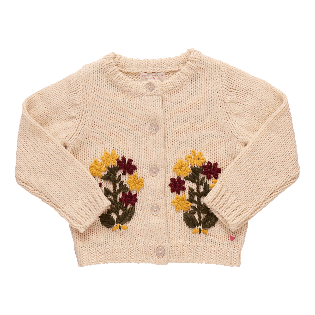 Girls Maude Sweater - Cream Flower Embroidery Pink Chicken