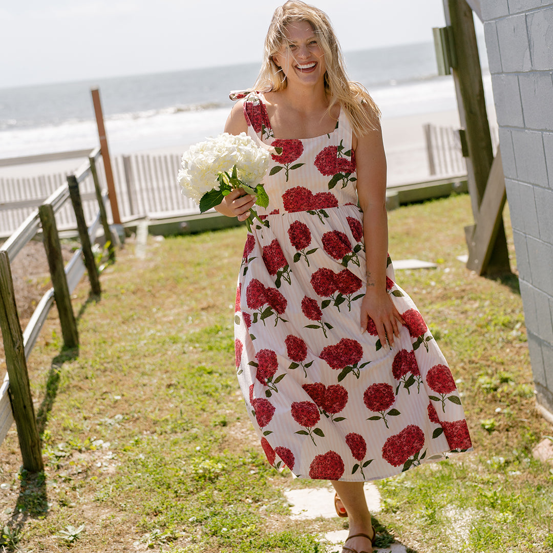 Womens Sierra Dress - Pink Stripe Hydrangeas Womens Sierra Dress - Pink Stripe Hydrangeas