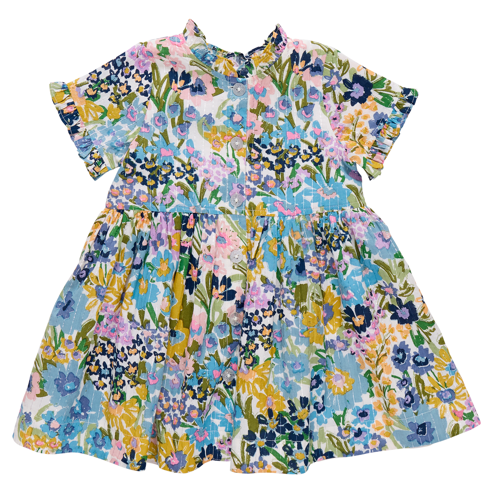 Girls Autumn Dress - Blue Large Sketched Floral  Pink Chicken