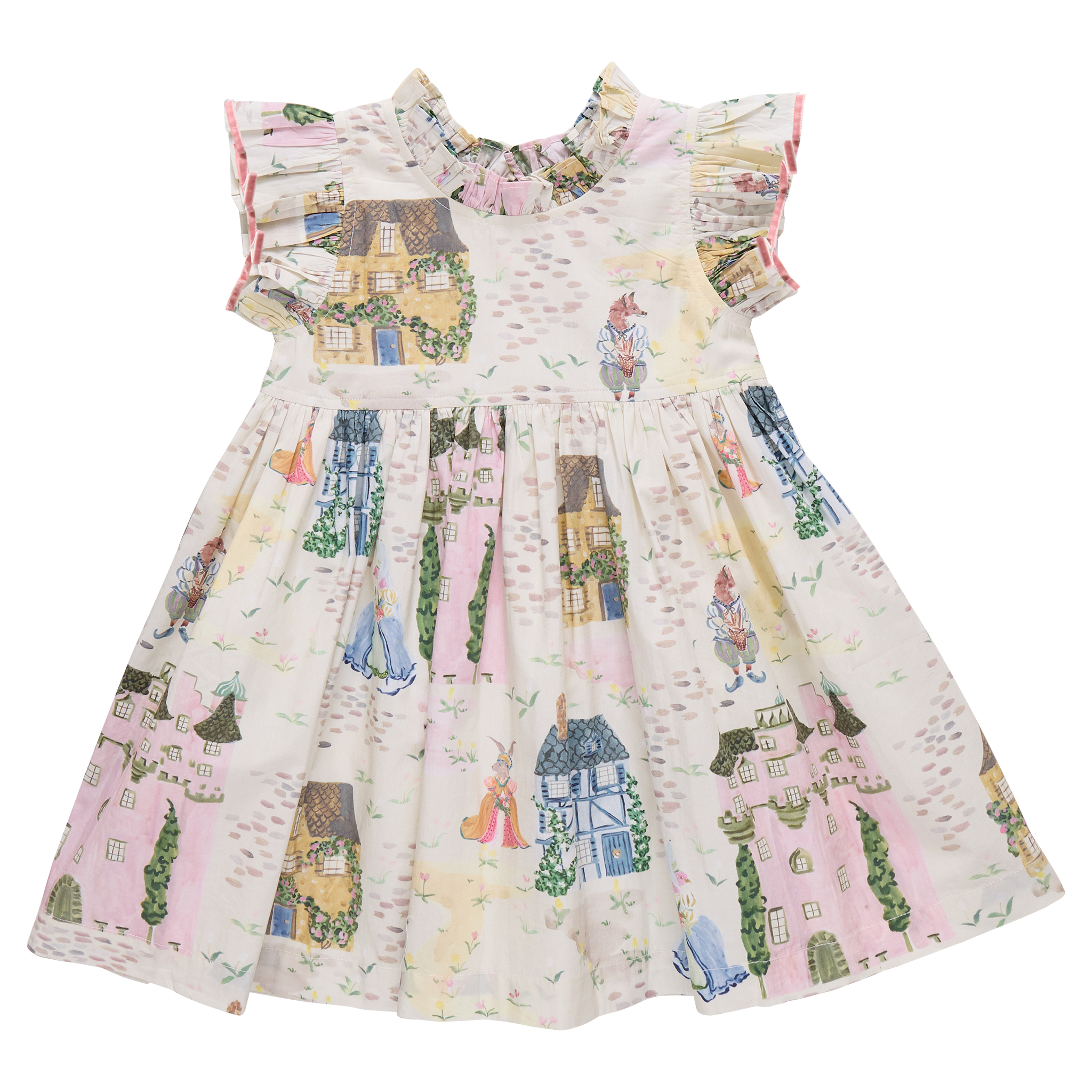 Girls Jennifer Dress - Whimsical Castle Pink Chicken Girls Jennifer Dress - Whimsical Castle Pink Chicken