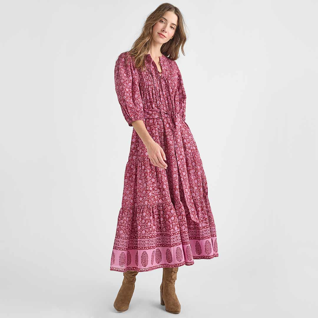 Womens Pintuck Indira Dress - Burgundy Garden Floral Pink Chicken Womens Pintuck Indira Dress - Burgundy Garden Floral Pink Chicken