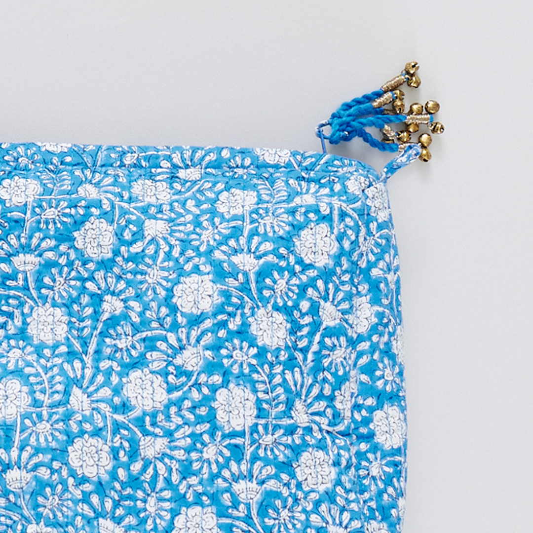 Large Quilted Pouch Blue Garden Pink Chicken