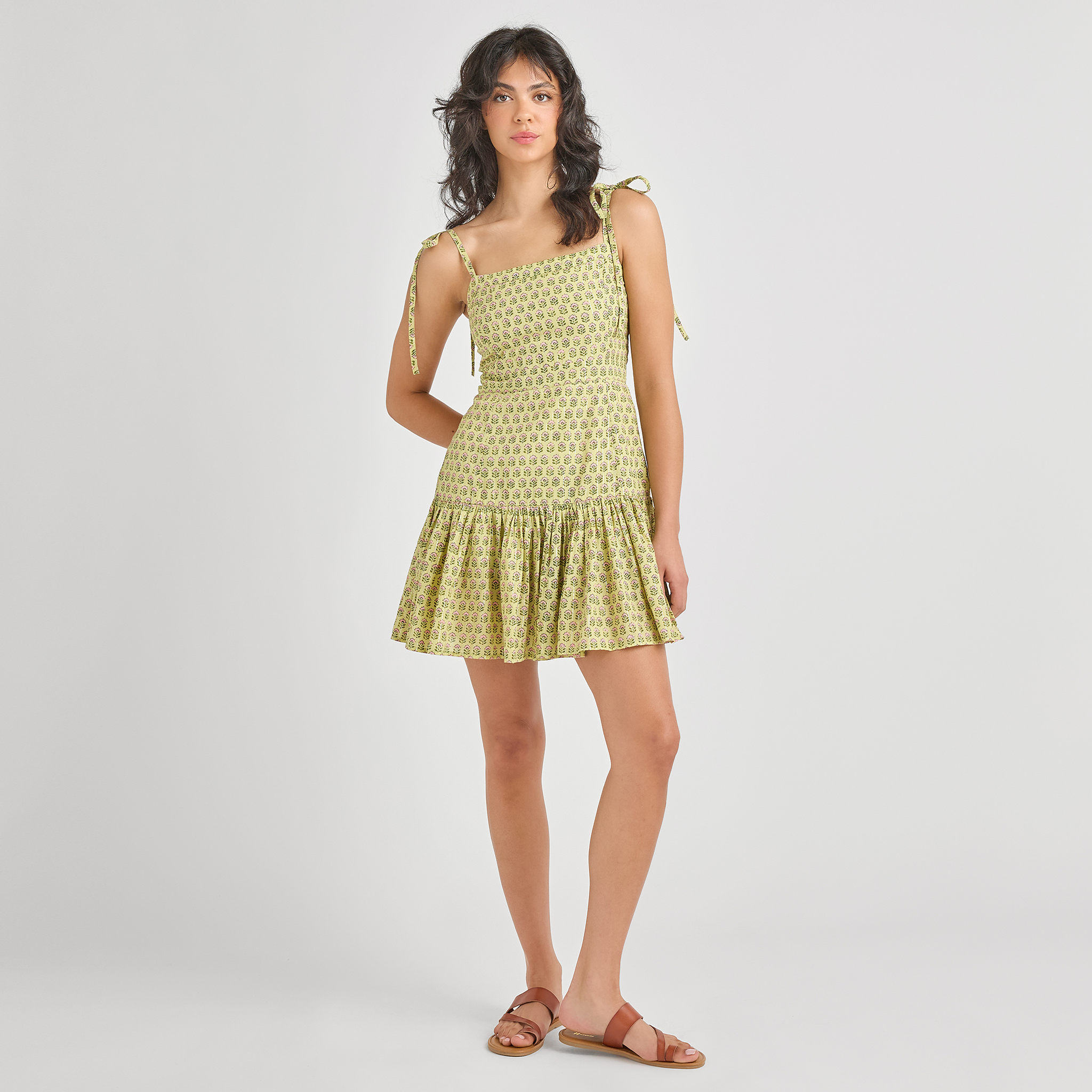 Womens Short Marilyn Dress | Green Prairie Block Print