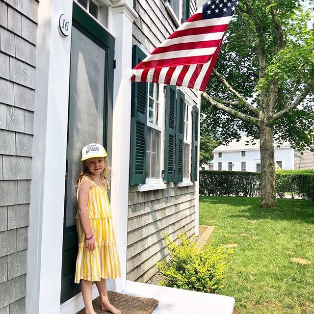 Pink Chicken Yellow stripe Garden Dress and American Flag.