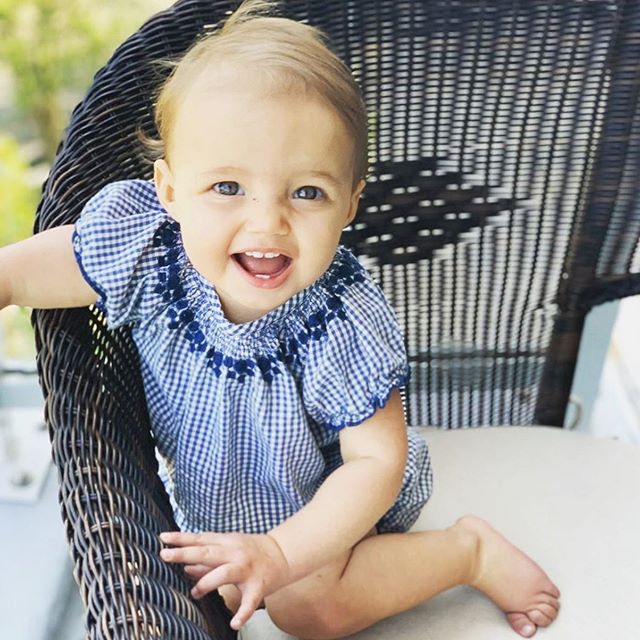 Baby girl in her Blue Gingham two piece set.