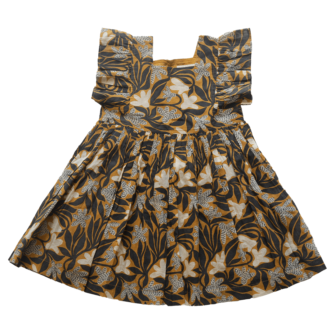 Girls Elsie Dress  - Gold Wax Floral | Pink Chicken