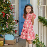 Girls Jennifer Dress - Pink Candy Cane Santa