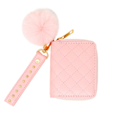 Quilted Stud Strap Wallet with Pom-Pom - Pink