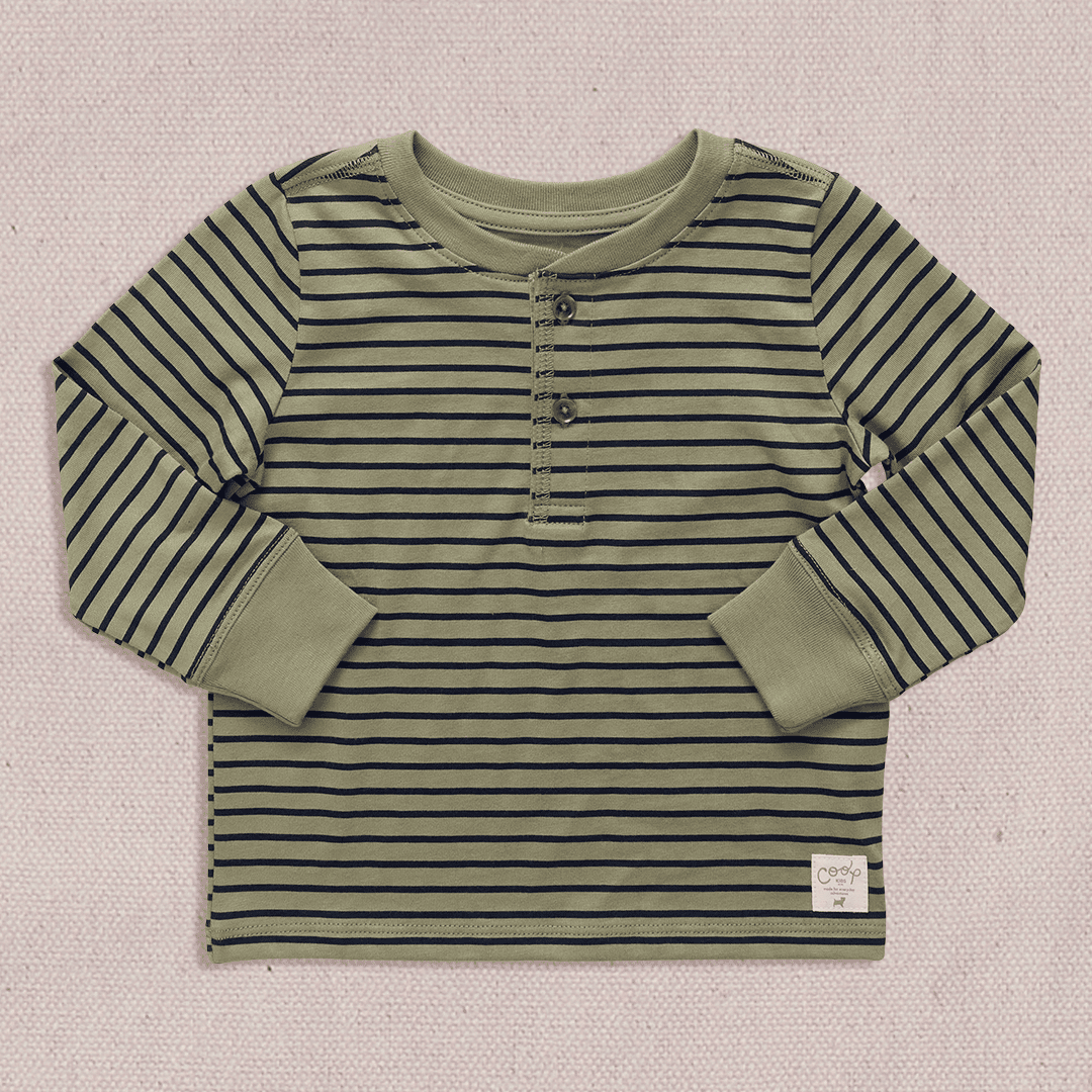 Scout Long Sleeve Henley T-Shirt - Green Mini Stripe | Pink Chicken