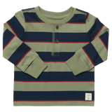 Scout Long Sleeve Henley T-Shirt - Olive Navy Rugby Stripe