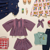 Girls Long Tail Bow - Pink Blue Check