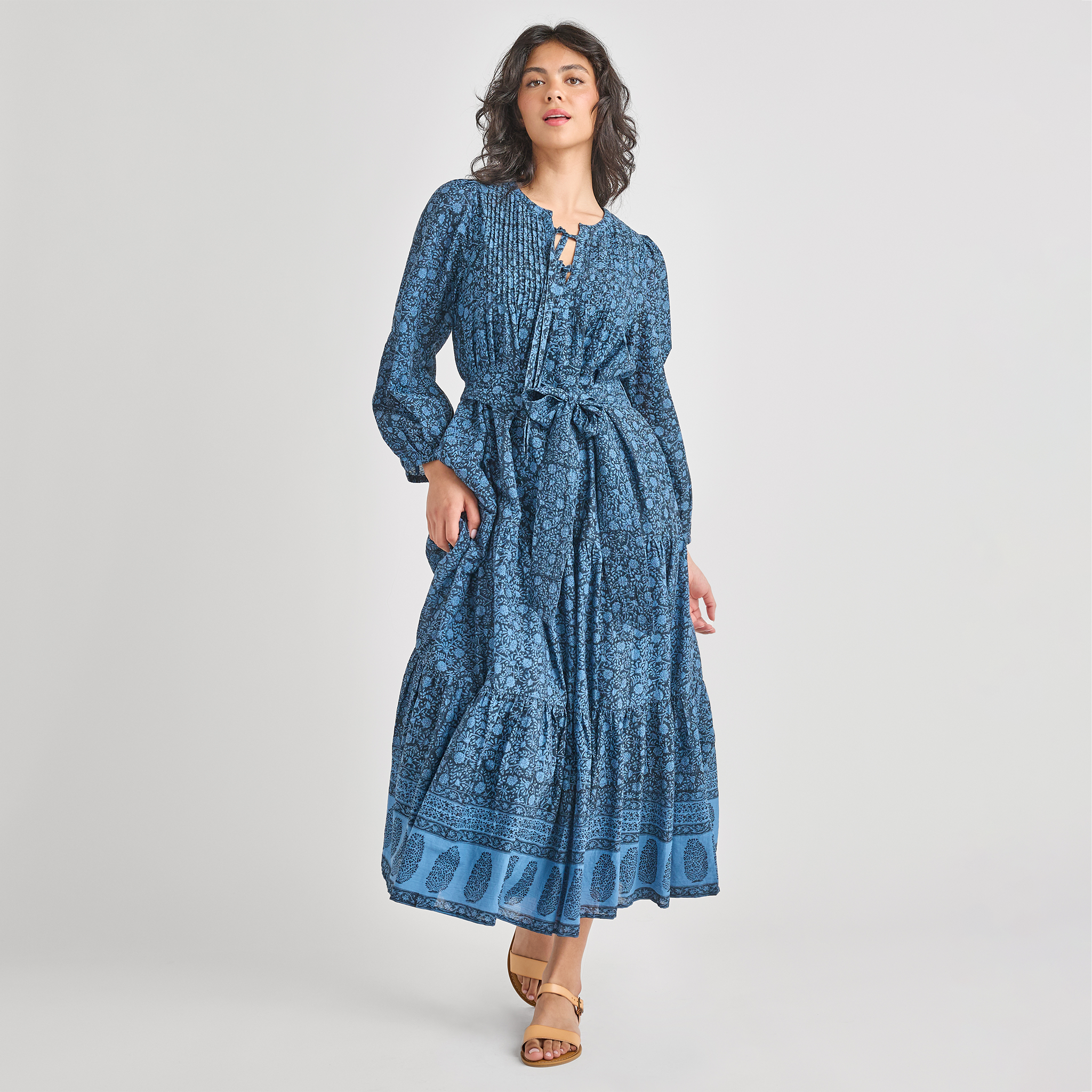 Womens Pintuck Indira Dress - Stellar Blue Garden Floral – Pink