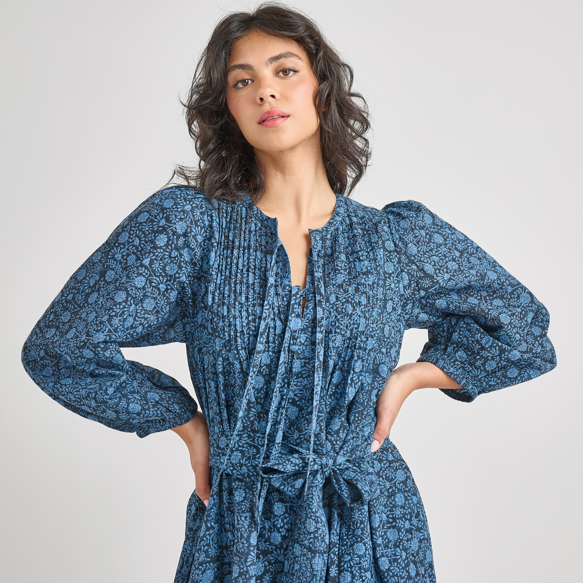 Womens Pintuck Indira Dress - Stellar Blue Garden Floral – Pink