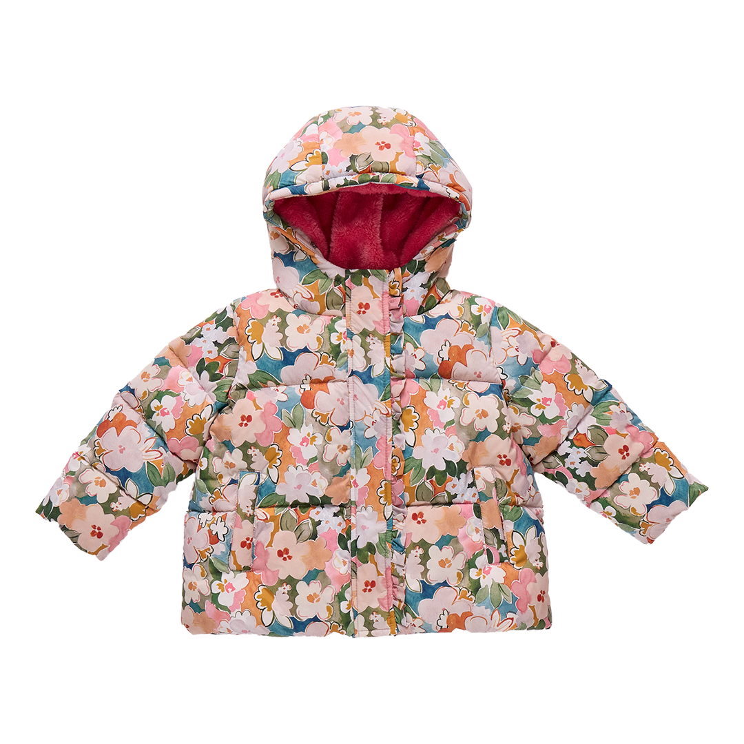 Girls Ruffle Pete Puffer - Watercolor Floral | Pink Chicken