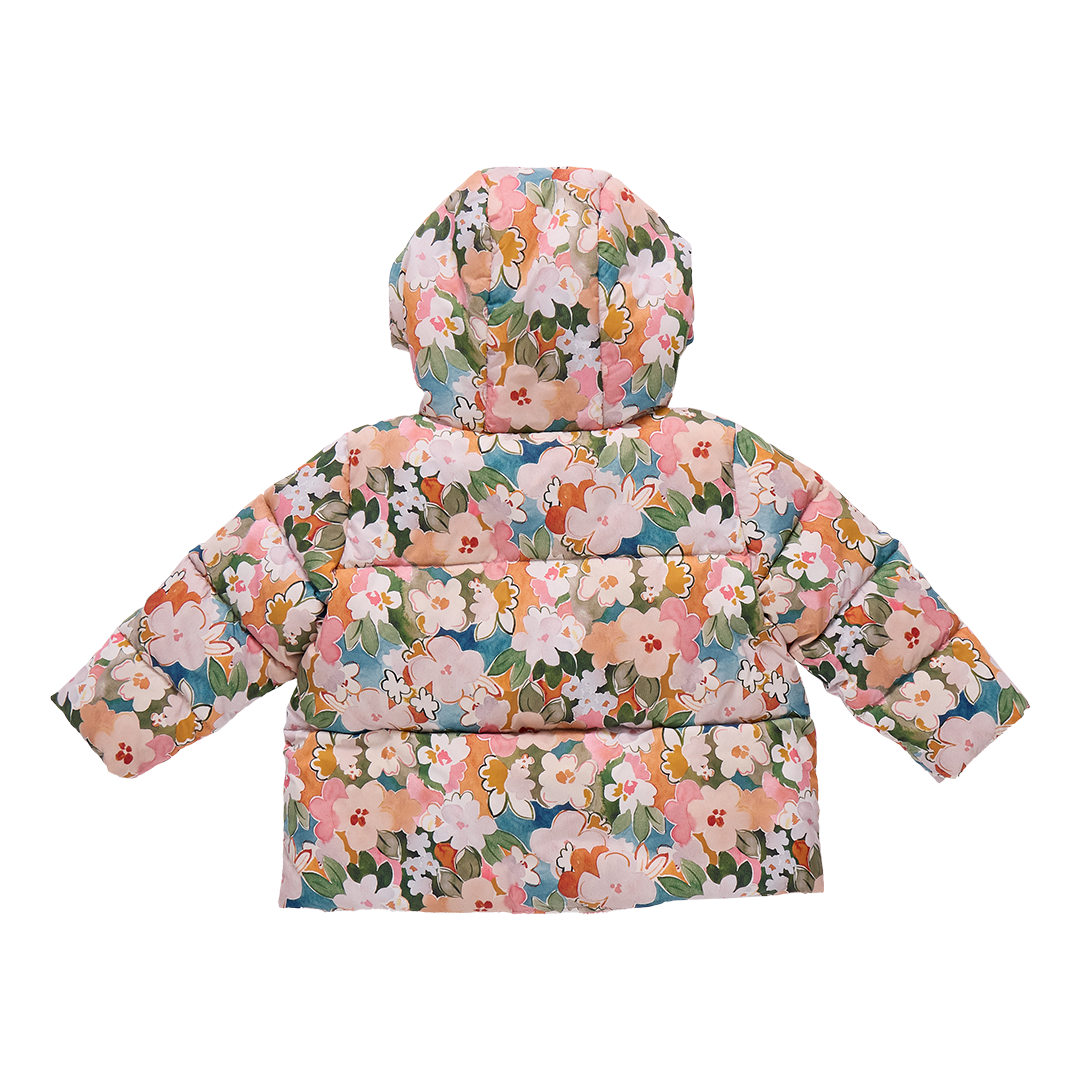 Girls Ruffle Pete Puffer - Watercolor Floral | Pink Chicken