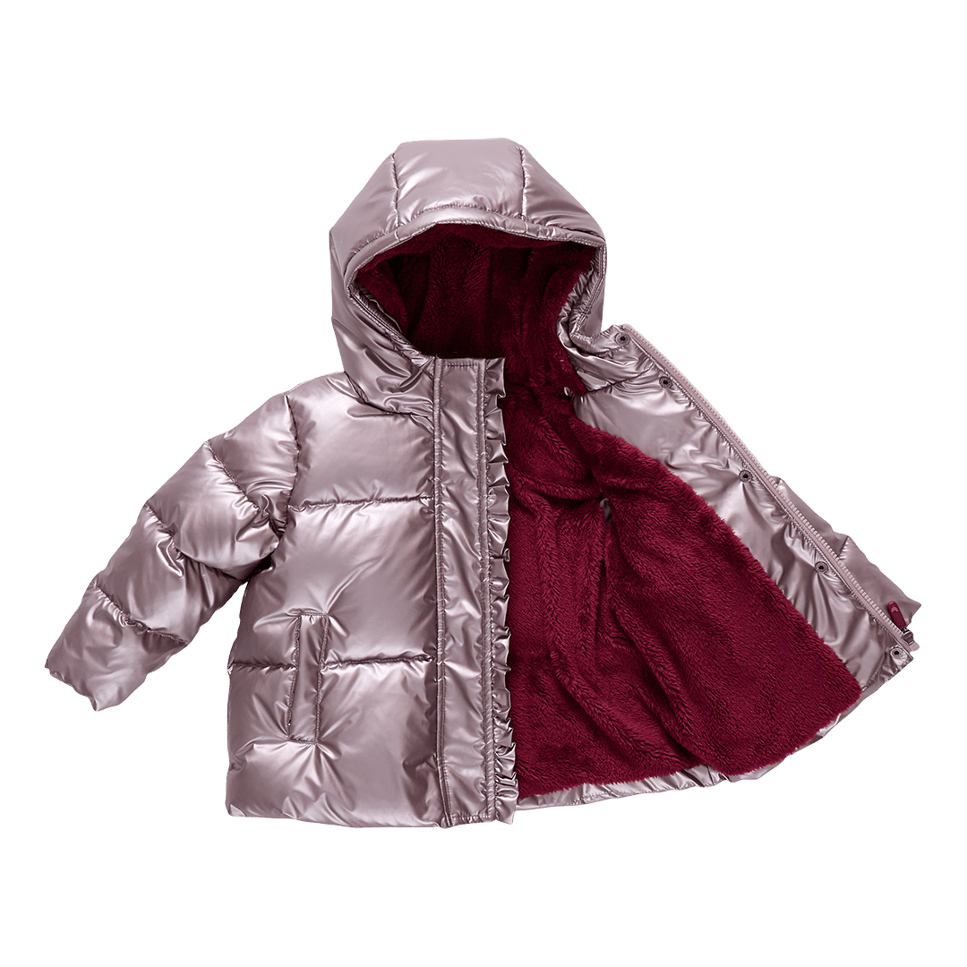 Girls Ruffle Pete Puffer - Vintage Rose Metallic | Pink Chicken