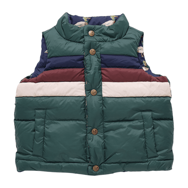 Kids Reversible Ellis Vest - Evergreen Stripe Pink Chicken