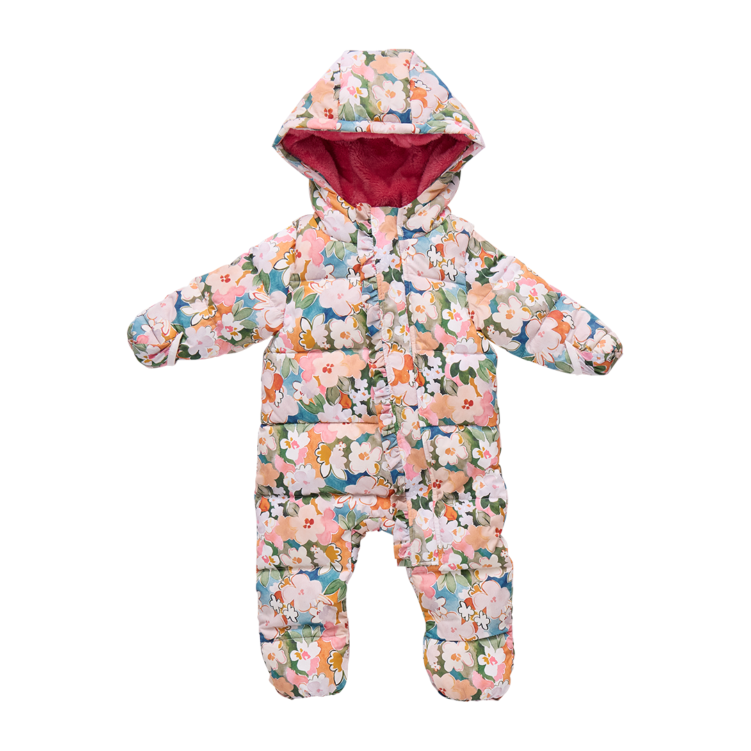 Baby Girls Ruffle Snowsuit - Watercolor Floral | Pink Chicken