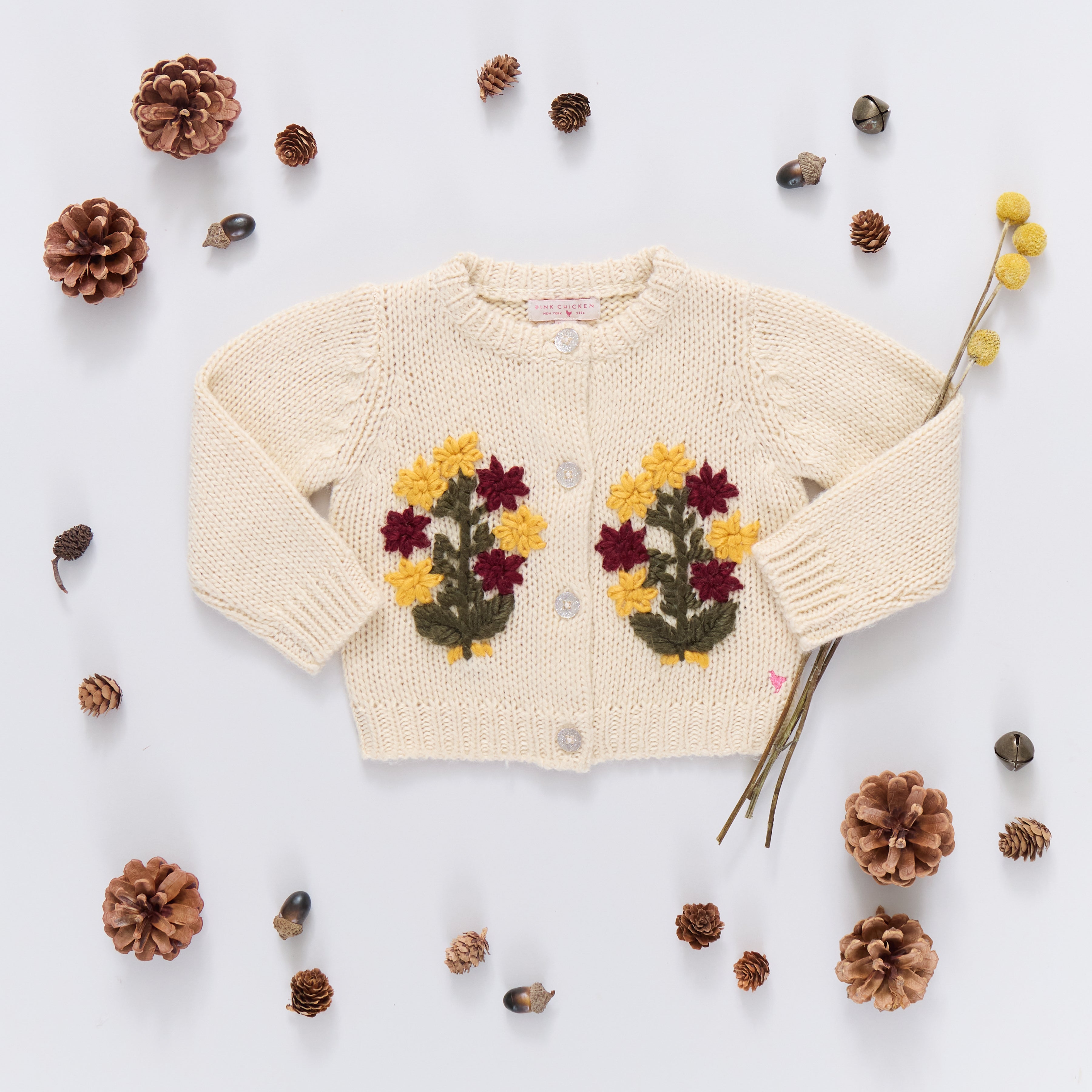 Girls Maude Sweater - Cream Flower Embroidery | Pink Chicken