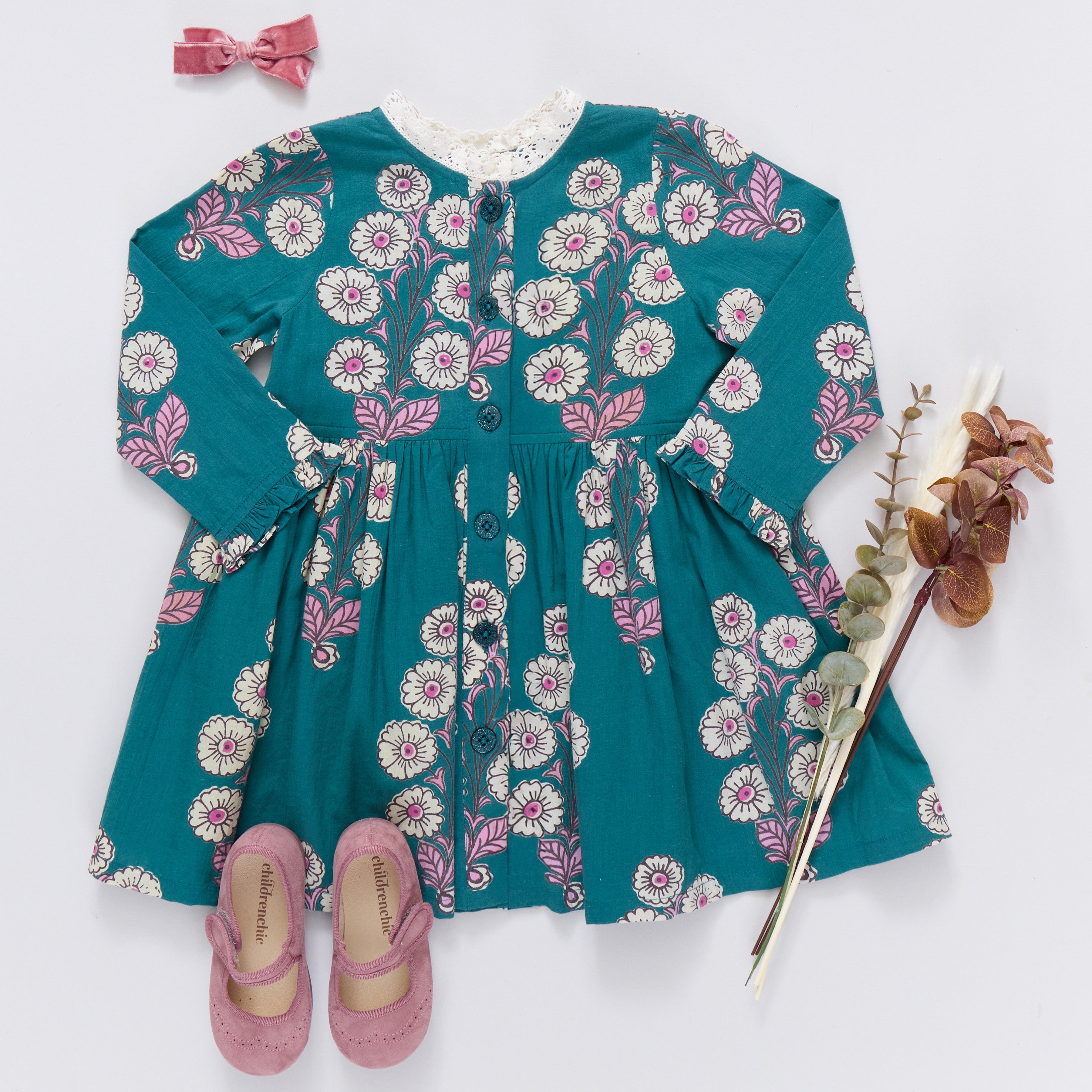Girls Autumn Dress - Evergreen Buttercup Floral | Pink Chicken