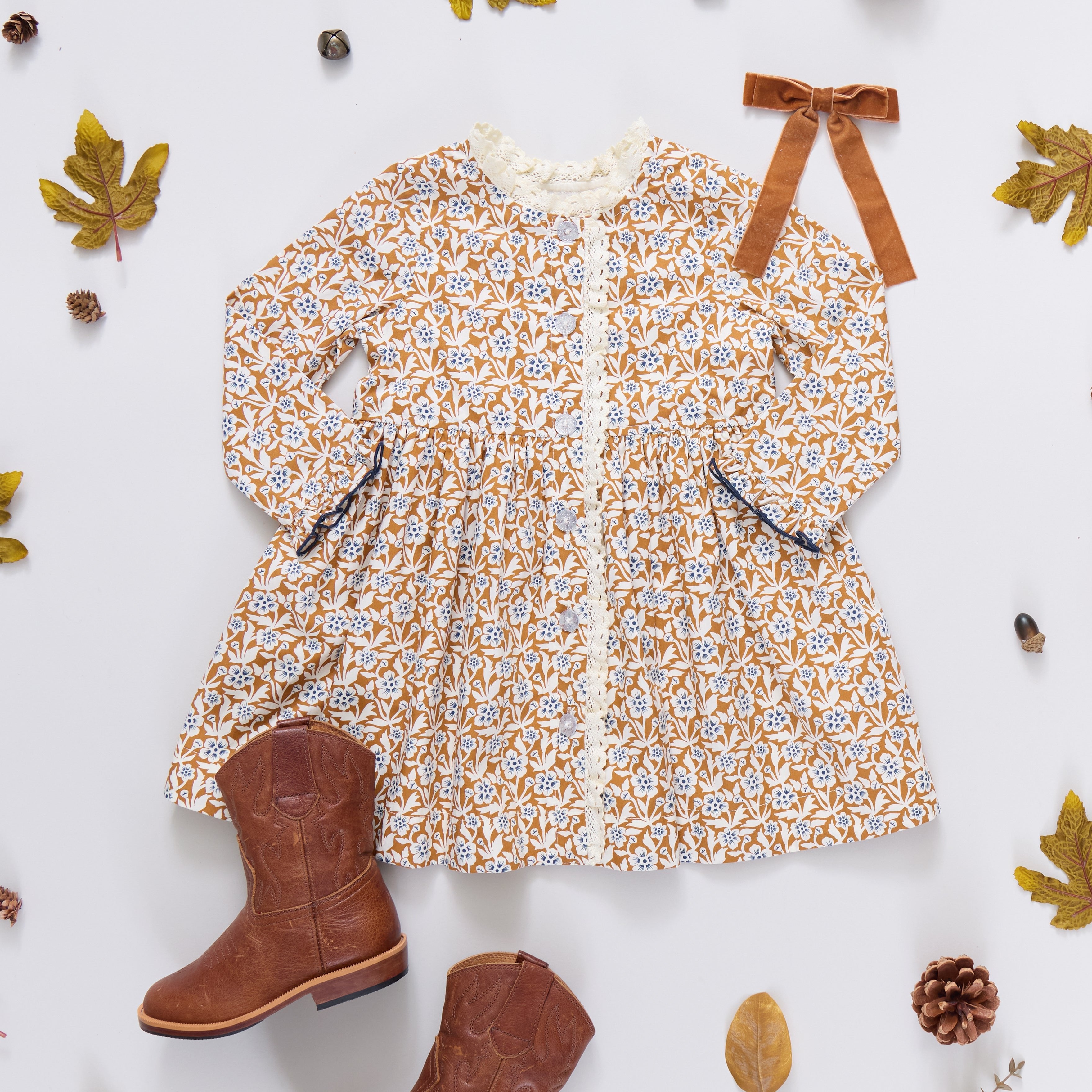 Girls Autumn Dress - Gold Climbing Floral | Pink Chicken