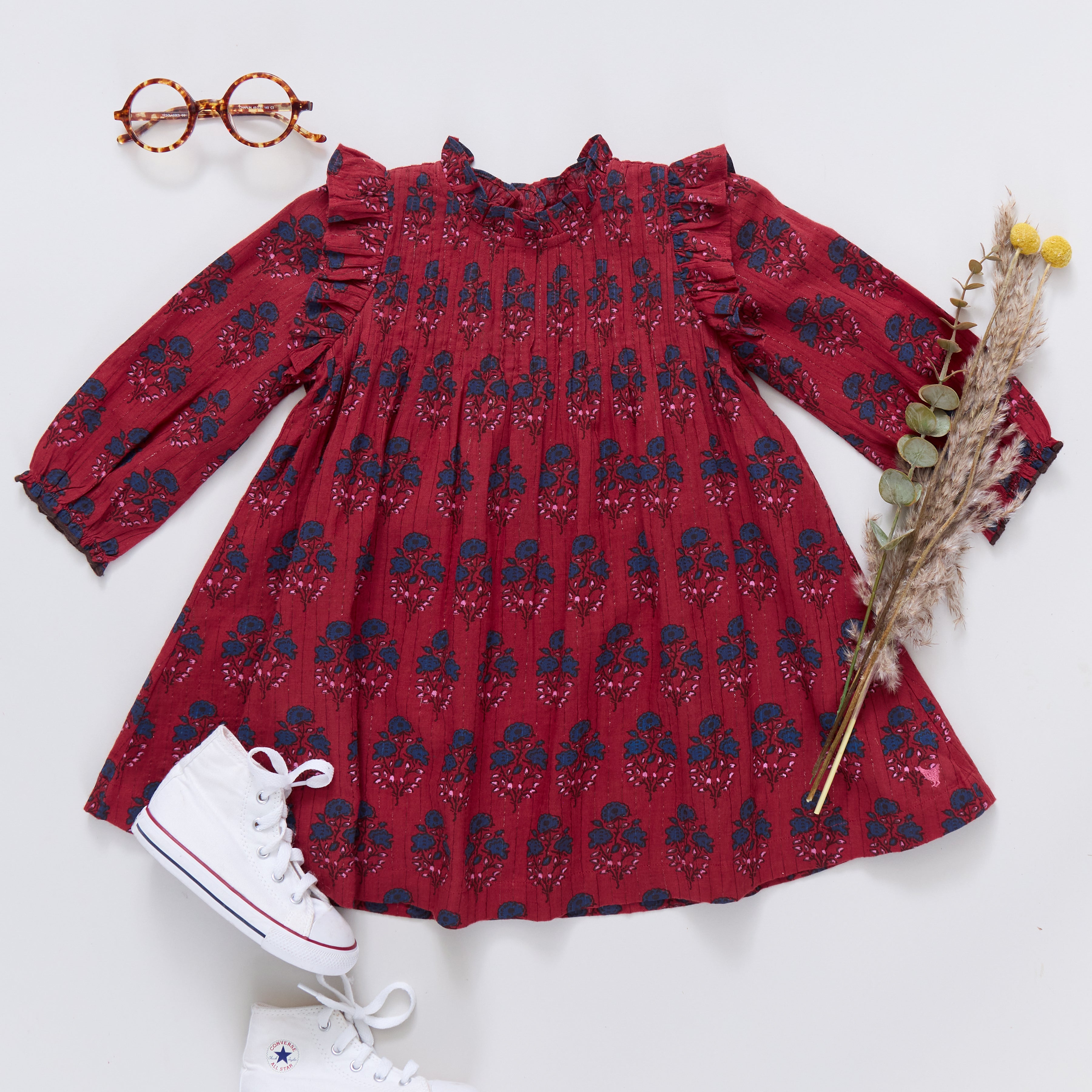 Girls Jaipur Dress - Red Autumn Strawflower | Pink Chicken