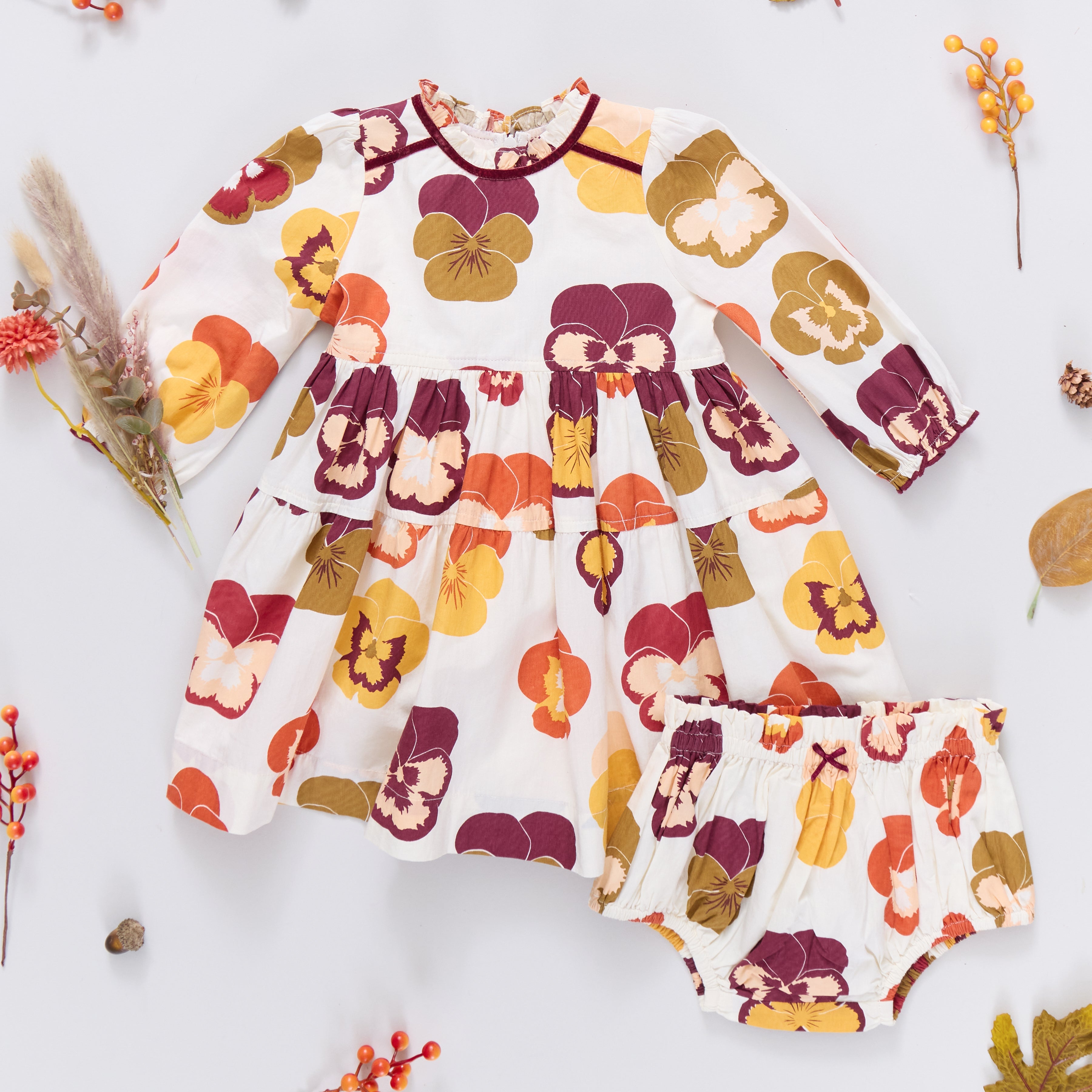 Baby Girls Charlie Dress Set - Autumn Pansies | Pink Chicken