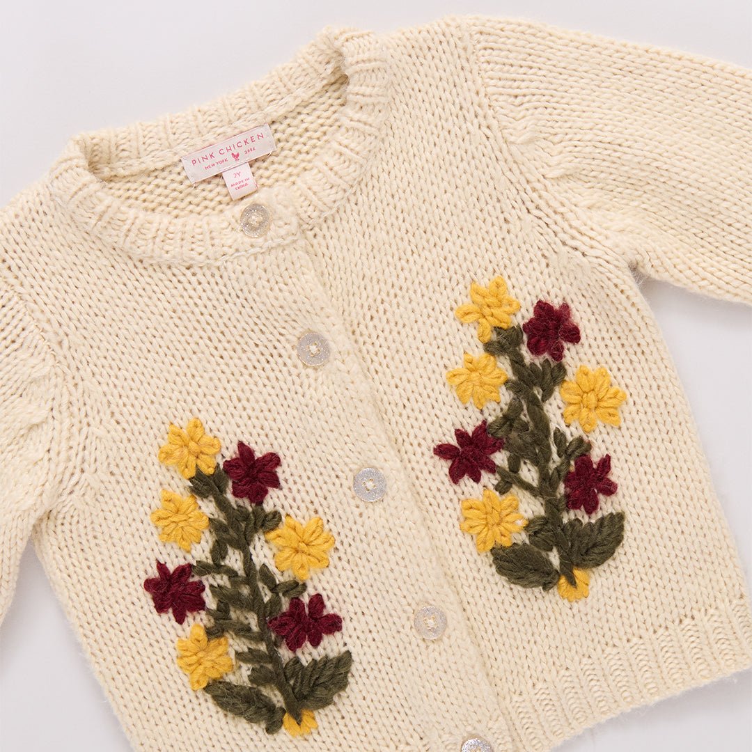 Girls Maude Sweater - Cream Flower Embroidery | Pink Chicken