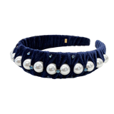 Velvet and Pearl Headband - Navy