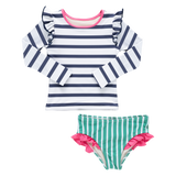 Girls Rash Guard Set - Navy Stripe