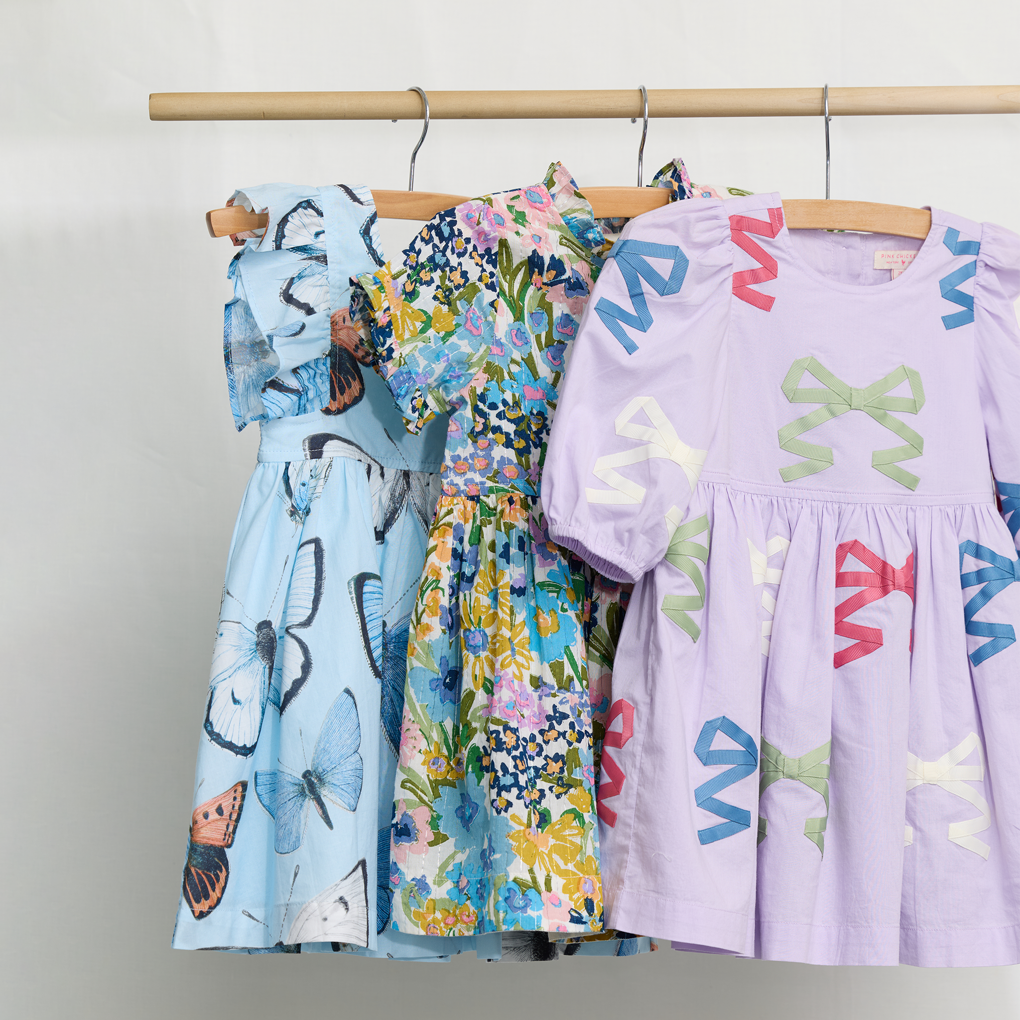 Girls Autumn Dress - Blue Large Sketched Floral Pink Chicken Girls Autumn Dress - Blue Large Sketched Floral Pink Chicken