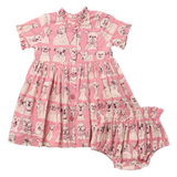 Baby Girls Autumn Dress Set - Pink Sketched Dogs