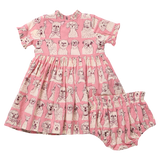 Baby Girls Autumn Dress Set - Pink Sketched Dogs
