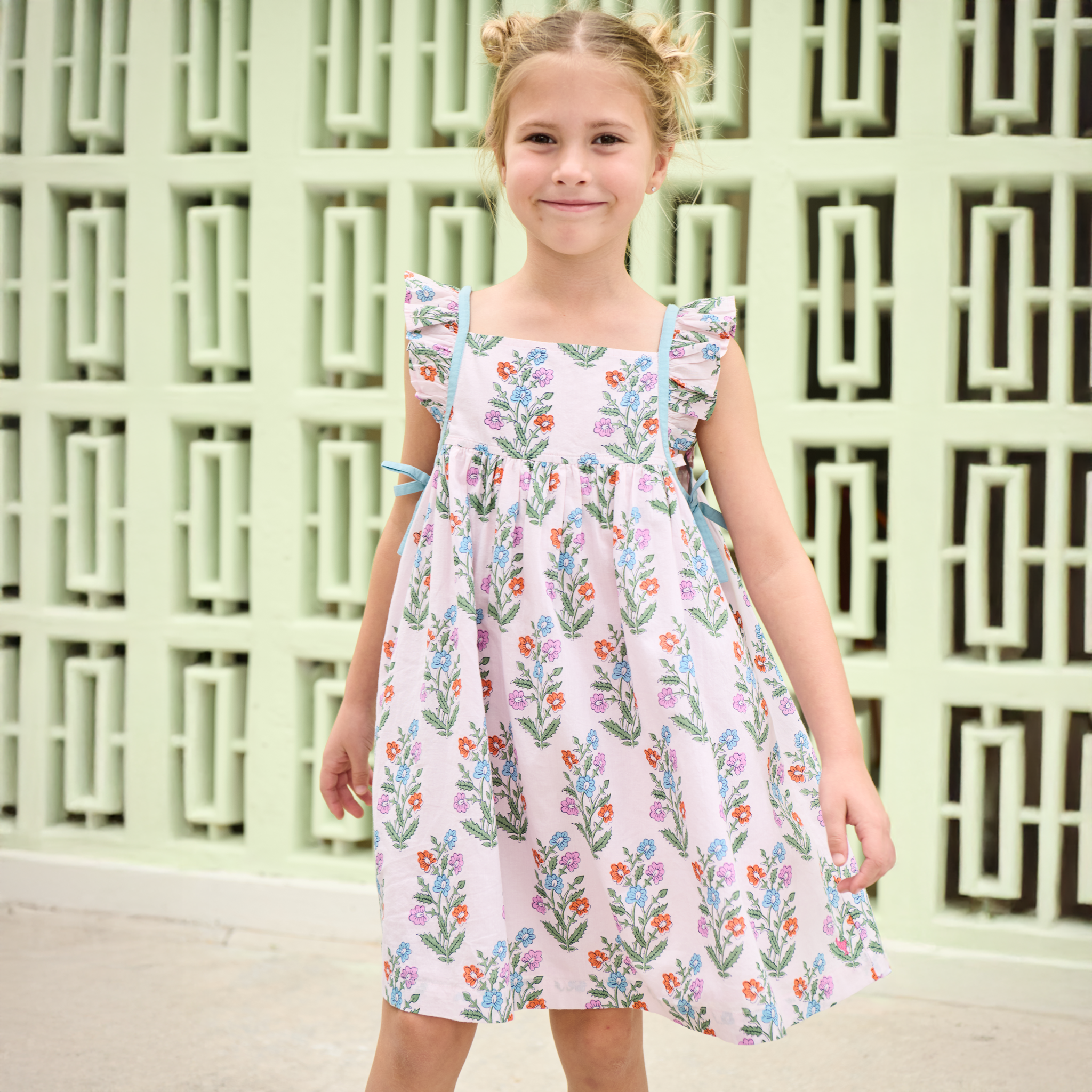 Girls Ailee Dress | Pink Dewdrop Block Print Girls Ailee Dress | Pink Dewdrop Block Print