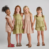 Girls Peachy Dress - Green Prairie Block Print