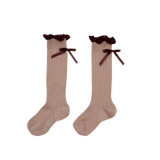 Domitille - Ribbed Knee High Socks with Lace and Bow - Old Rose