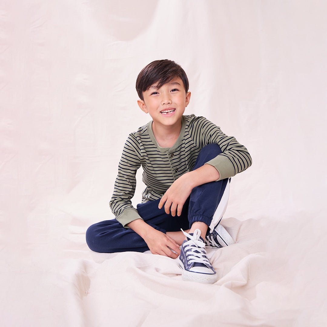 Scout Long Sleeve Henley T-Shirt - Green Mini Stripe | Pink Chicken