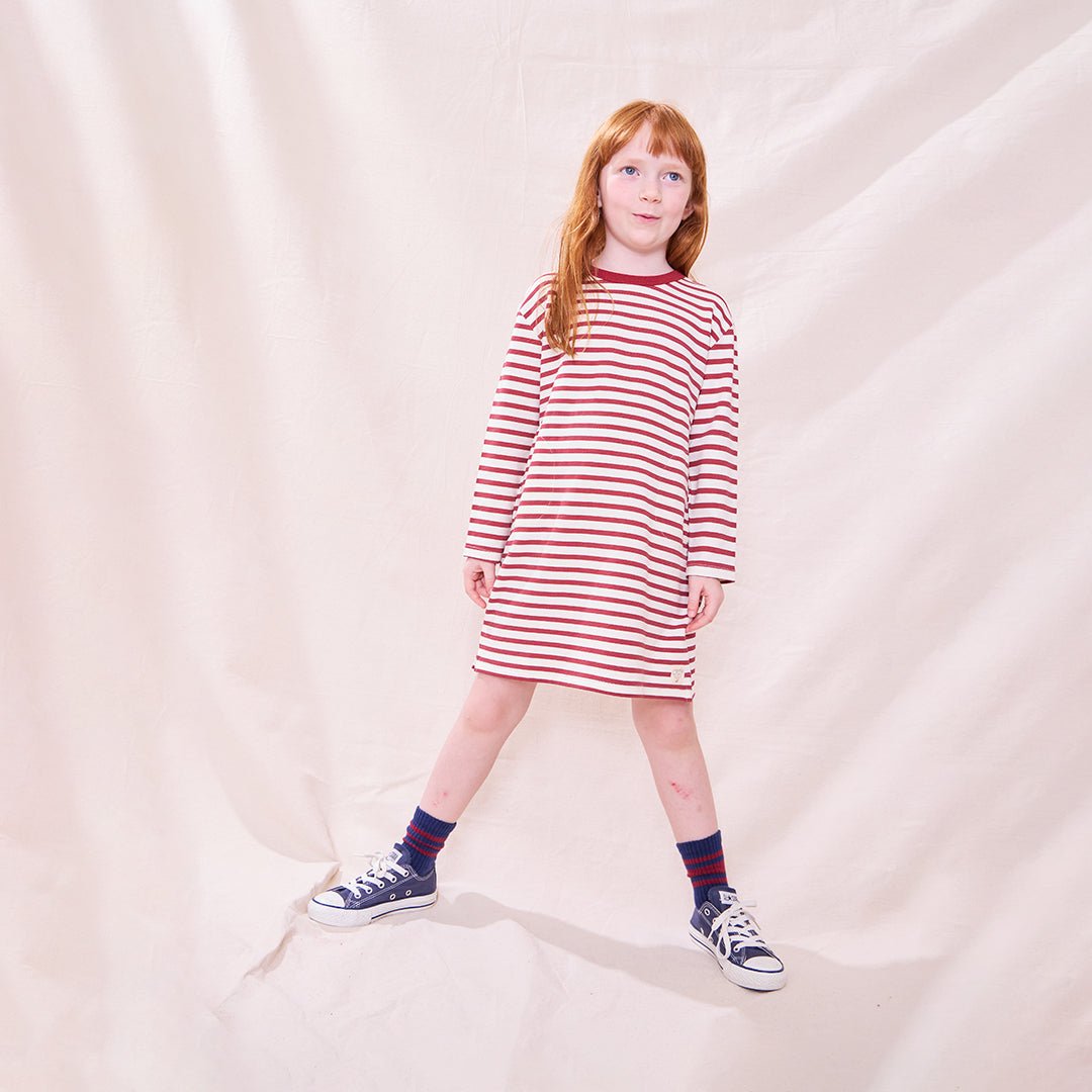 Hopscotch Long Sleeve Dress - Dark Red Stripe | Pink Chicken