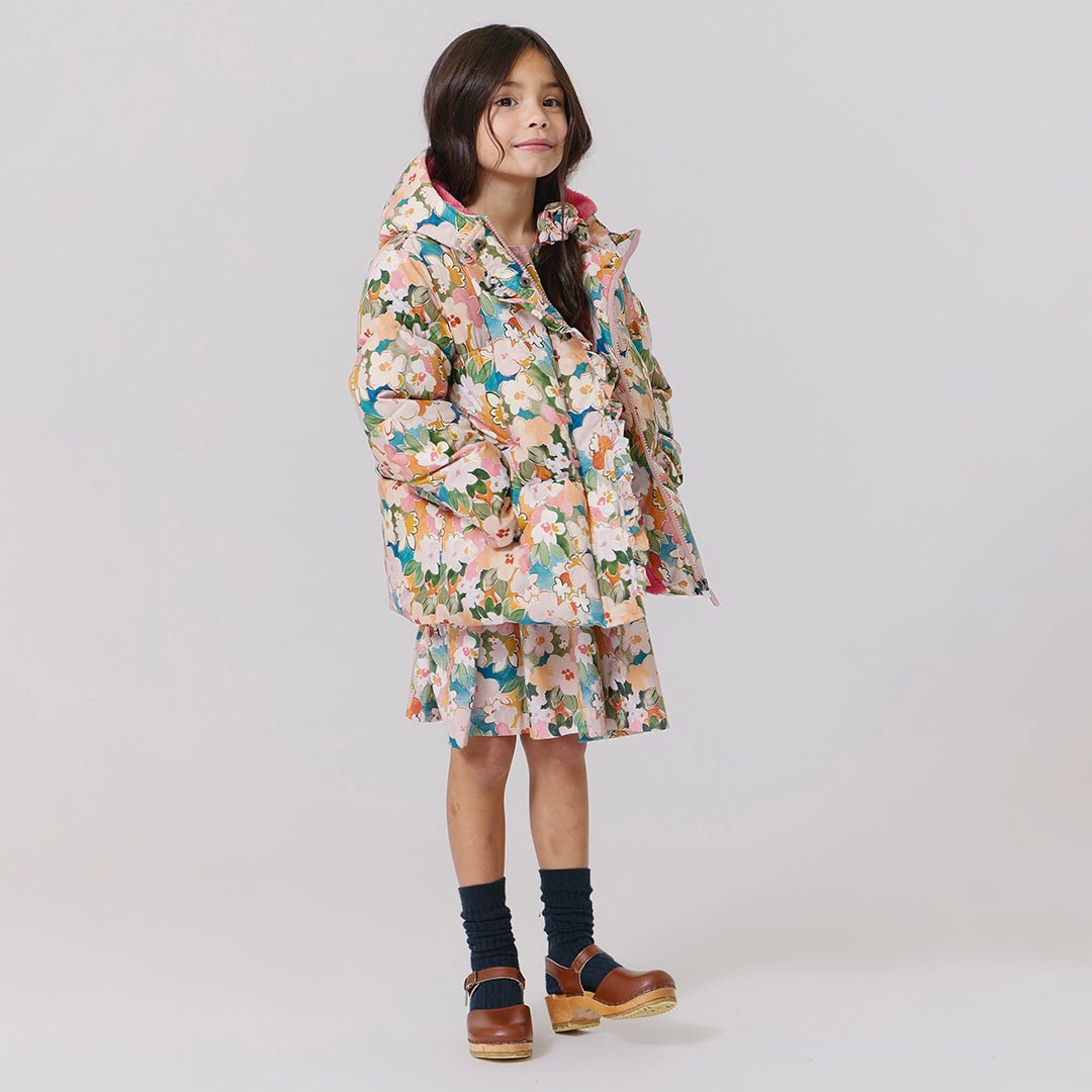 Girls Ruffle Pete Puffer - Watercolor Floral | Pink Chicken
