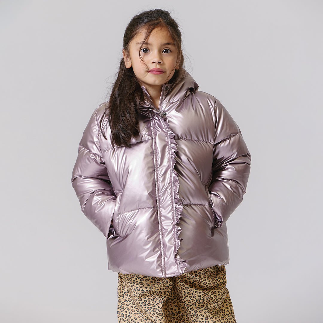 Girls Ruffle Pete Puffer - Vintage Rose Metallic | Pink Chicken