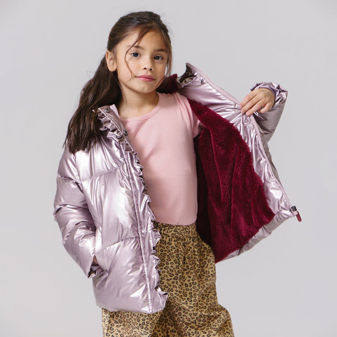 Girls Ruffle Pete Puffer - Vintage Rose Metallic | Pink Chicken