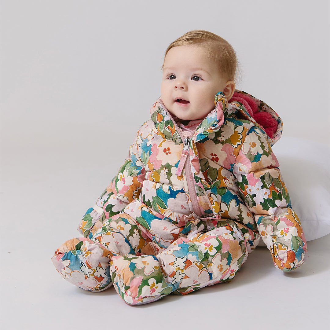 Baby Girls Ruffle Snowsuit - Watercolor Floral | Pink Chicken