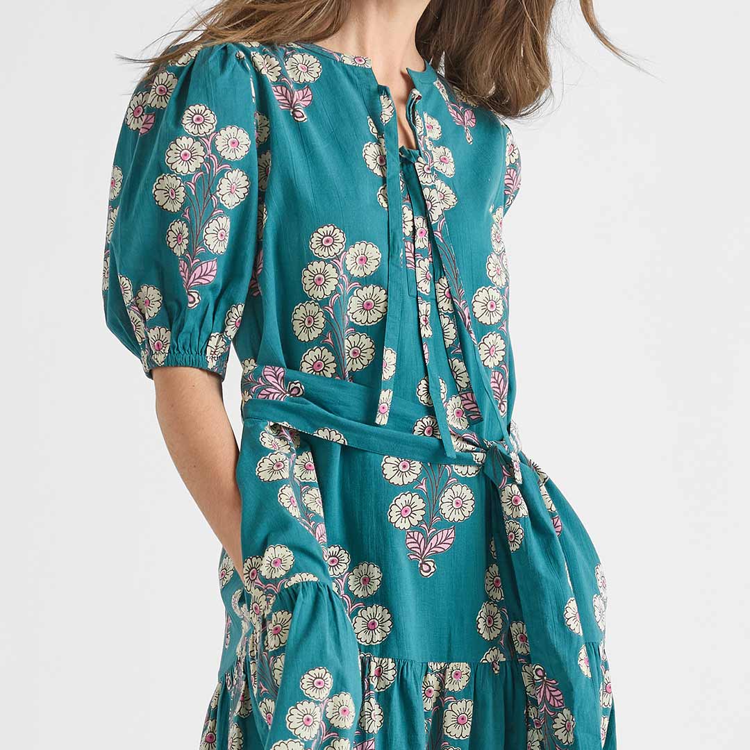 Womens Short Sleeve Indira Dress - Evergreen Buttercup Floral | Pink Chicken