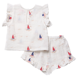 Girls Roey 2-PC Set - Sailboat Embroidery