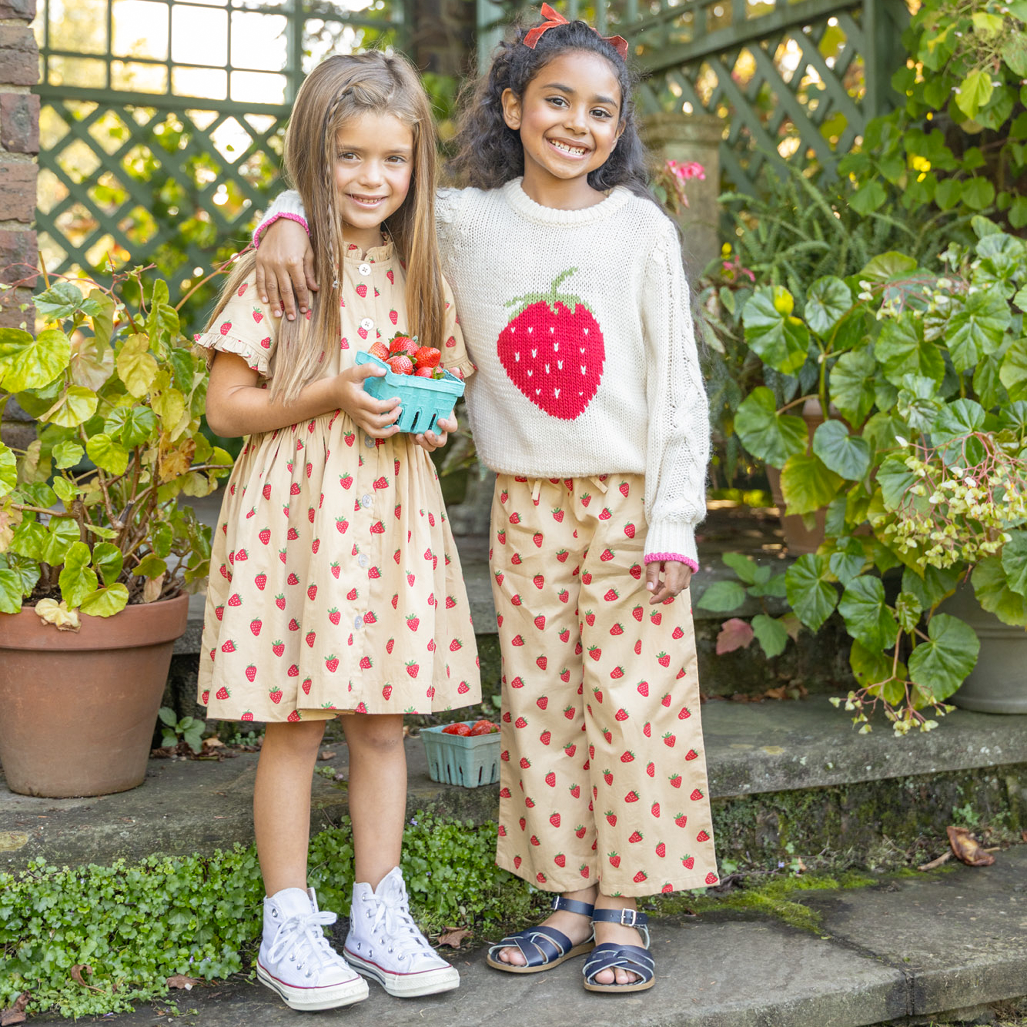 Girls Autumn Dress - Tossed Strawberries Pink Chicken Girls Autumn Dress - Tossed Strawberries Pink Chicken