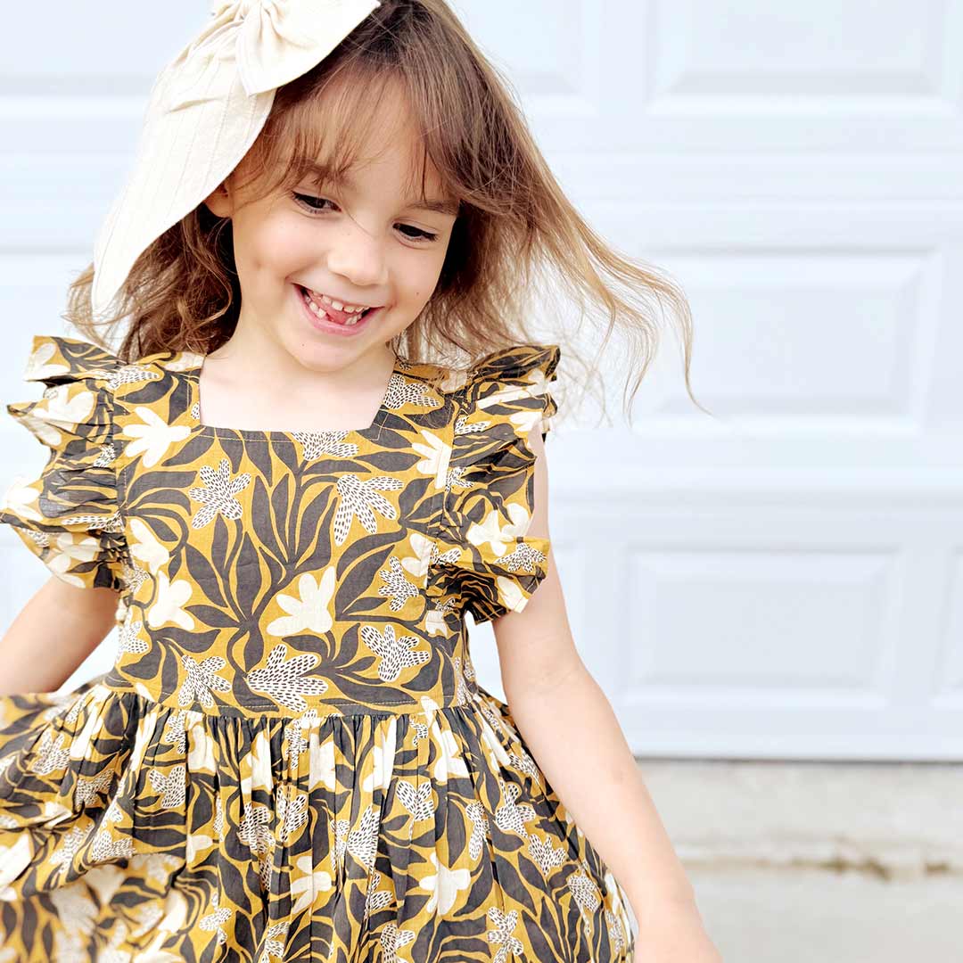 Girls Elsie Dress  - Gold Wax Floral | Pink Chicken