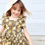 Girls Elsie Dress  - Gold Wax Floral | Pink Chicken