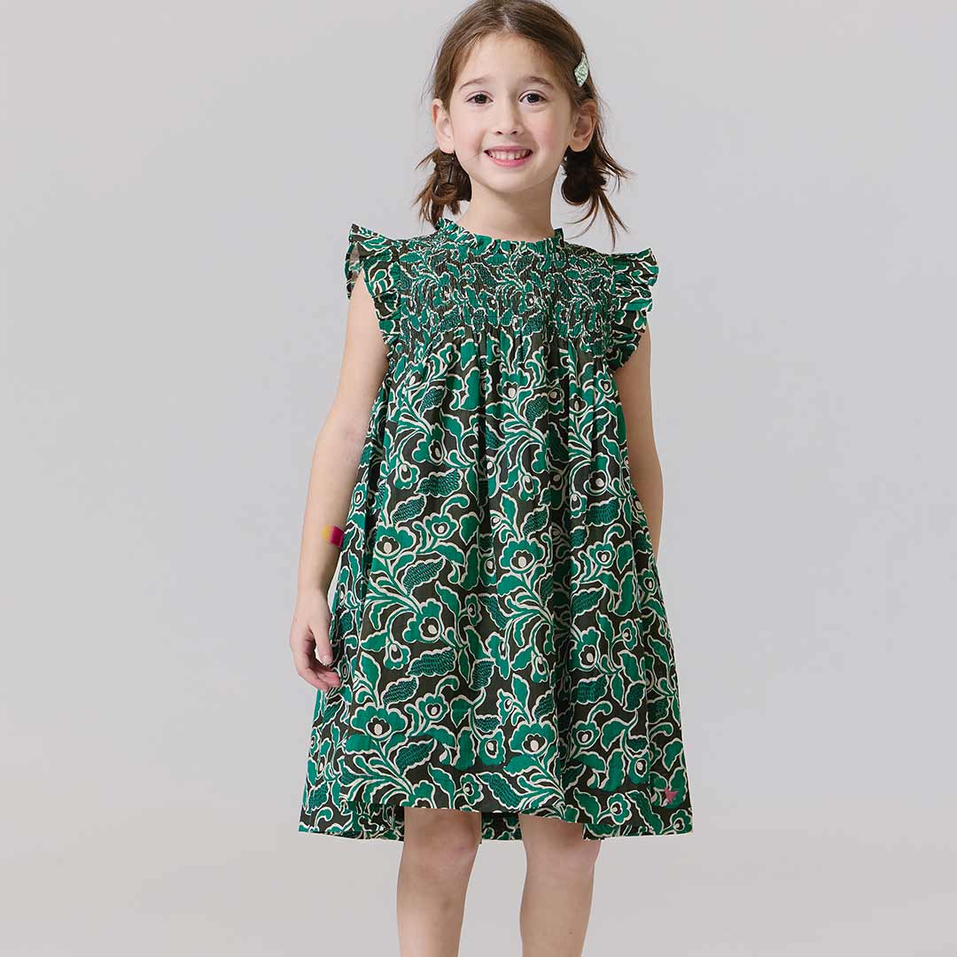 Girls Stevie Dress - Green Wax Floral | Pink Chicken