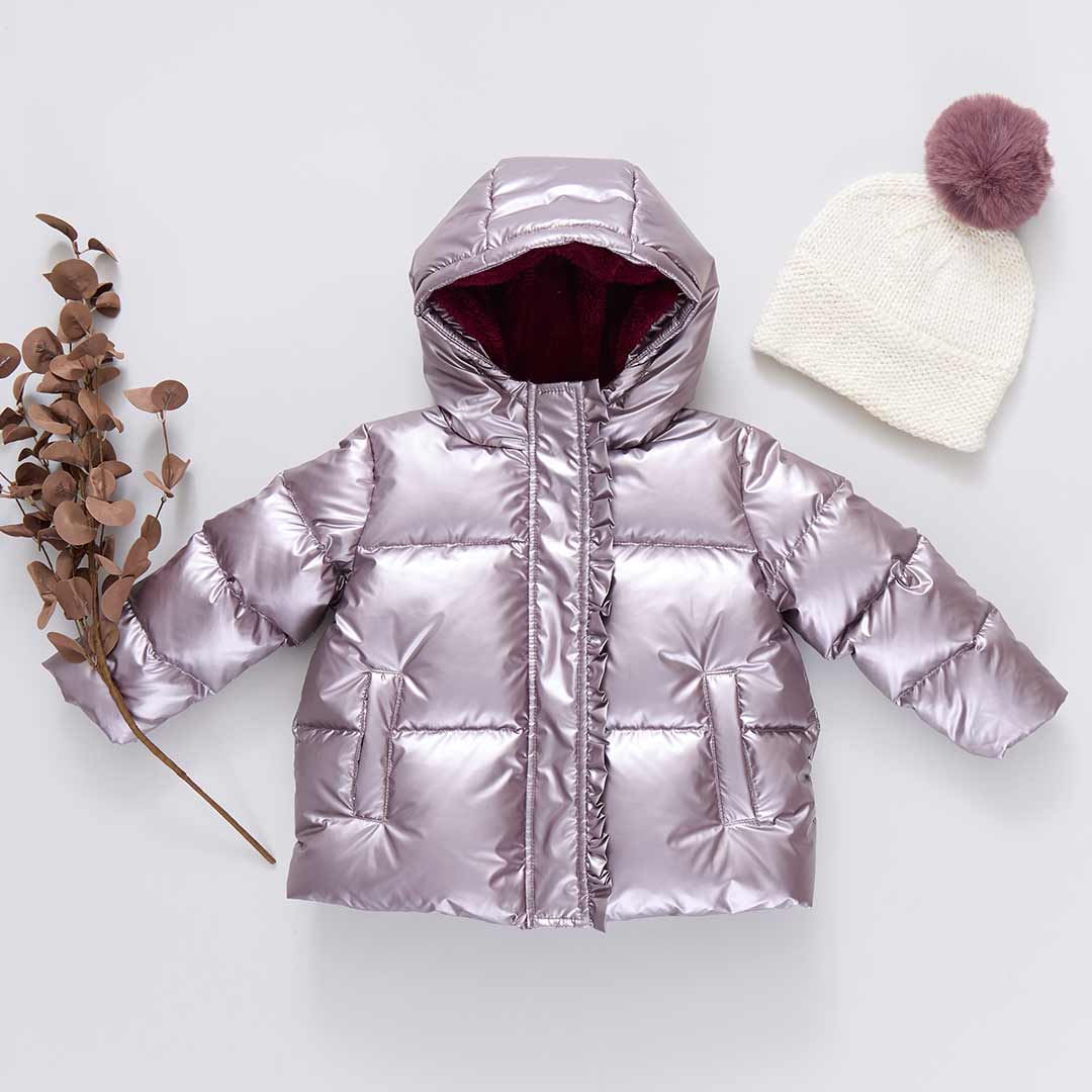 Girls Ruffle Pete Puffer - Vintage Rose Metallic Pink Chicken